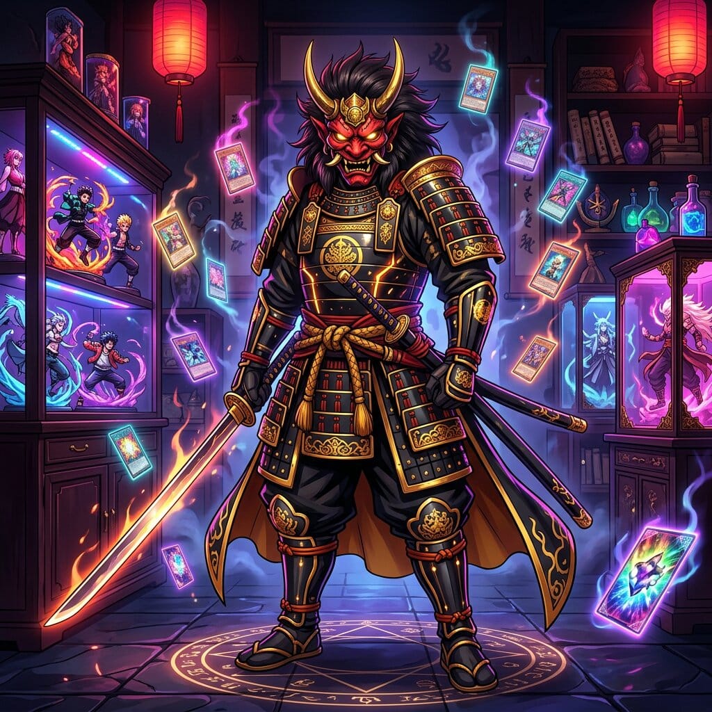 Samouraï oni dans le repaire Akuma Collectors, entre vitrines de figurines et cartes TCG